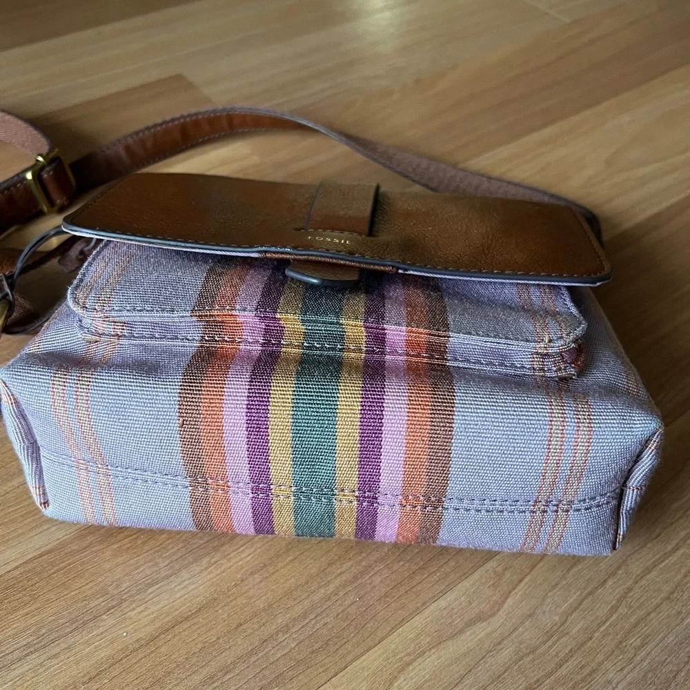 Fossil Leather & Stripe Canvas Crossbody Bag Brown Multicolor